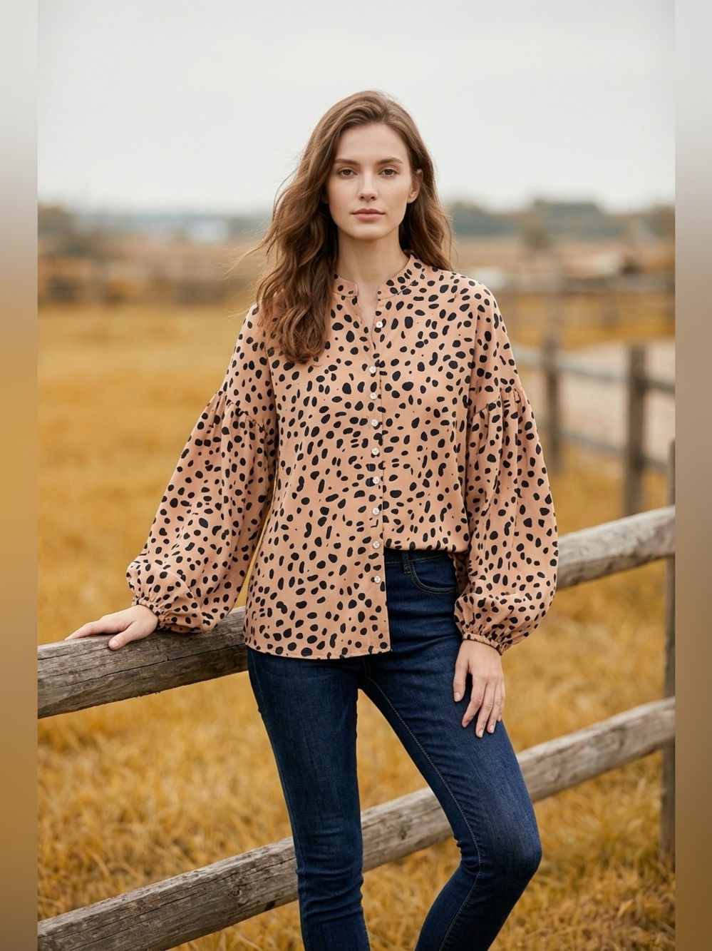 Sheilay NWOT animal print button down Blouse with Balloon Sleeves.